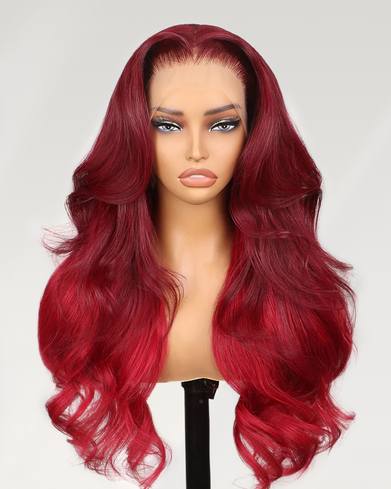 Arabella 13x4 Frontal Lace Cherry Red Ombre 99J39J Colored Wig Loose Body Wave Wig Invisible Knots Realistic Hairline