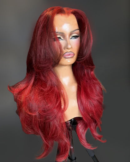 Arabella 13x4 Frontal Lace Cherry Red Ombre 99J39J Colored Wig Loose Body Wave Wig Invisible Knots Realistic Hairline