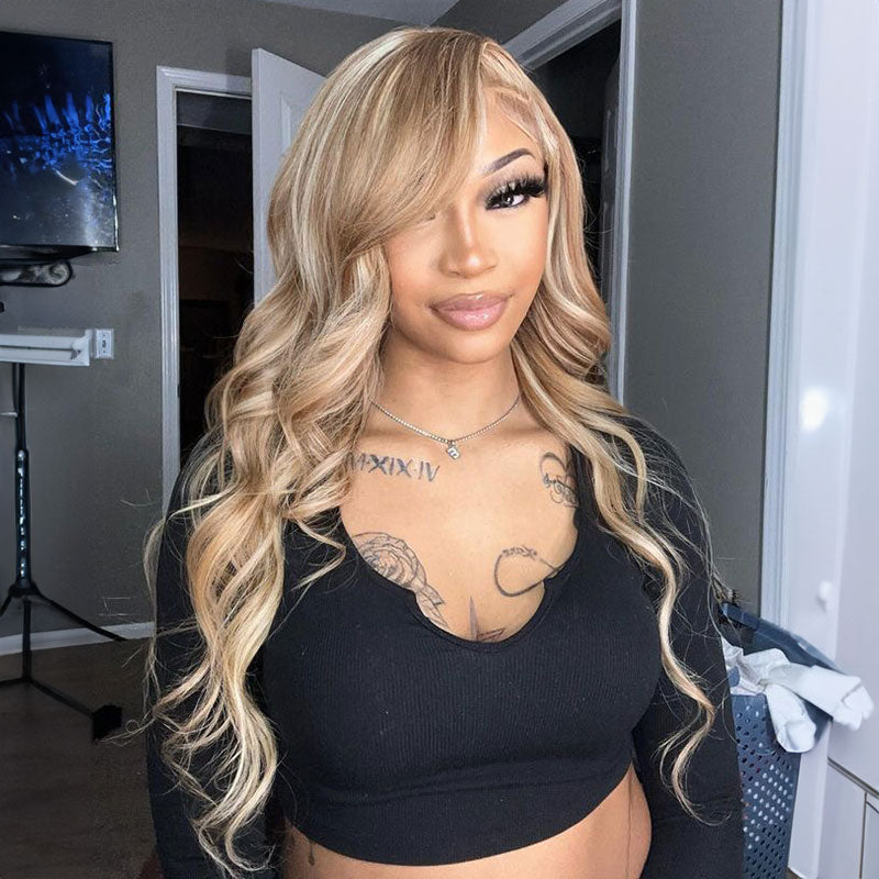 Arabella 13x4 Frontal Lace &amp; 6x5 Invisible Knots Glueless Blonde Khaki Highlight Body Wave Wig Invisible Knots