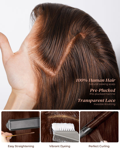 Arabella 13x4 Frontal Lace &amp; 6x5 Invisible Knots Glueless Chocolate Brown Body Wave/Silky Straight Wig Invisible Knots Realistic Hairline