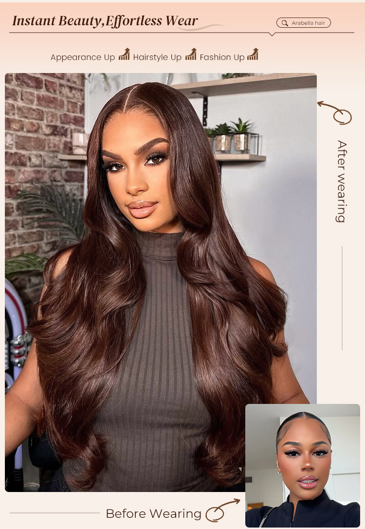 Before and After Woman Wearing Chestnut Dark Brown Human Wig