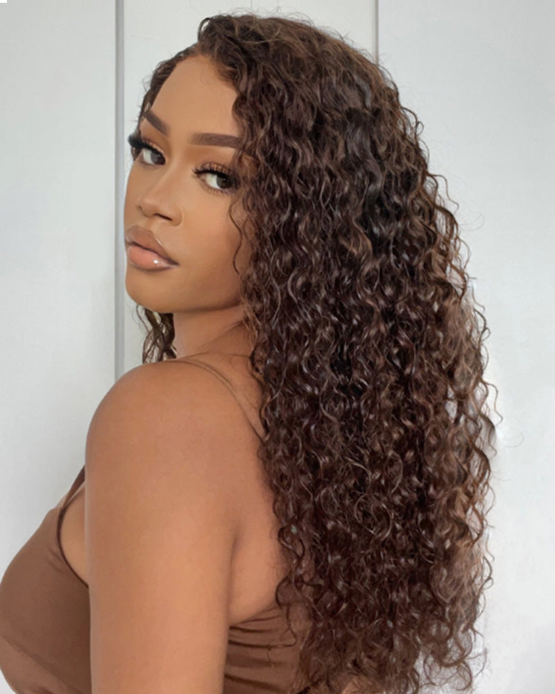 Arabella 13x4 Frontal Lace &amp; 6x5 Invisible Knots Glueless Chocolate Brown Water Wave Wig Invisible Knots Realistic Hairline