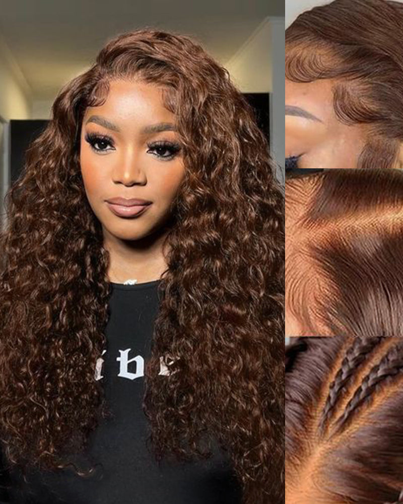 Arabella 13x4 Frontal Lace &amp; 6x5 Invisible Knots Glueless Chocolate Brown Water Wave Wig Invisible Knots Realistic Hairline