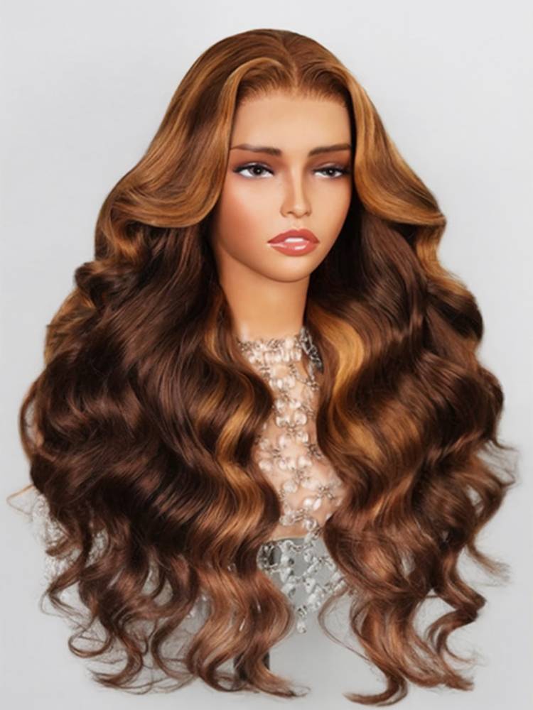000Dark Brown With Highlight Colored Body Wave 13x4 Lace Front Human Hair Wigs 13x4 Lace