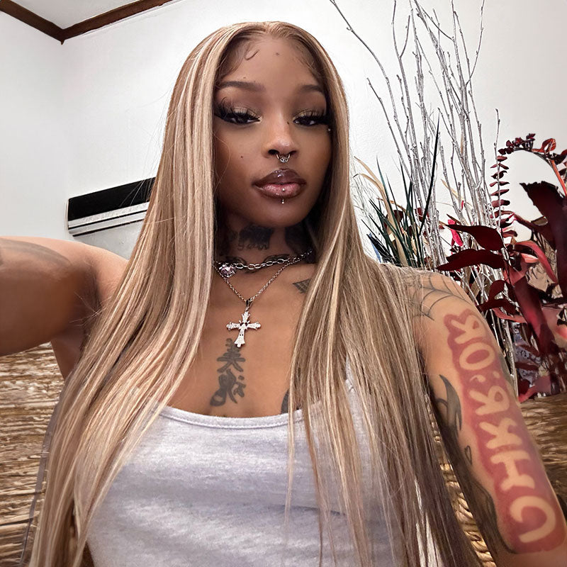 00013x4 Lace Front Mixed Brown &amp; Blonde Color Straight Human Hair Wig