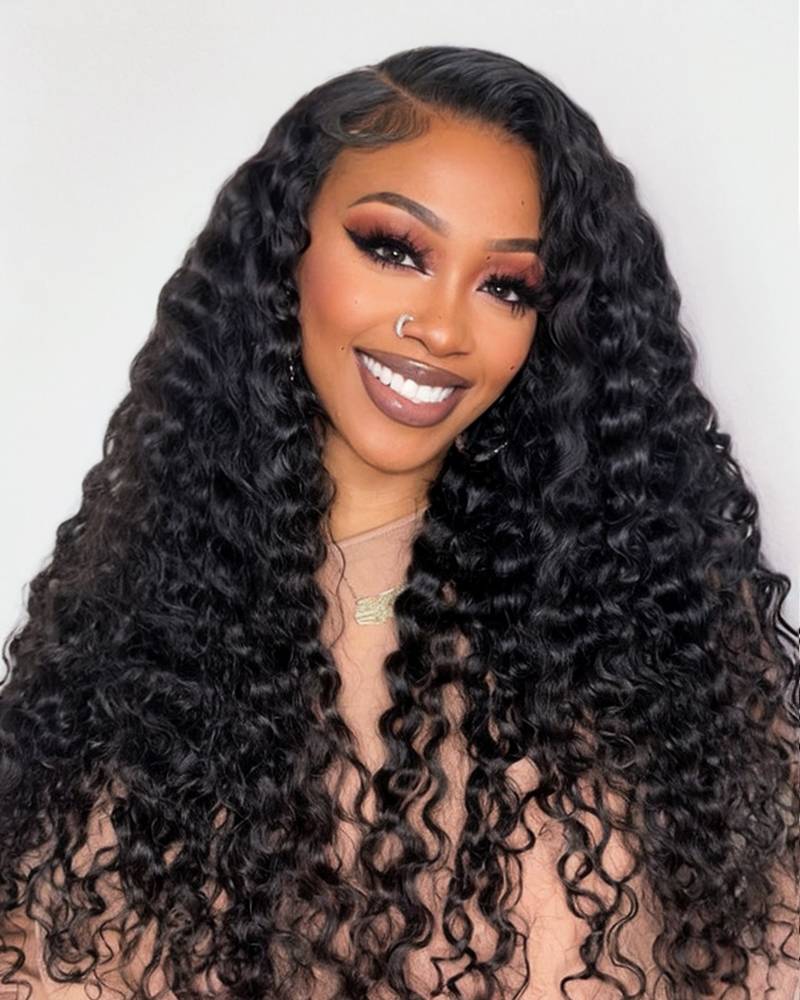 Arabella 6x5 Invisible Knots Glueless & 13x4 Frontal Lace Deep Wave Wig Pre-cut Lace Natural Black Beginner Friendly