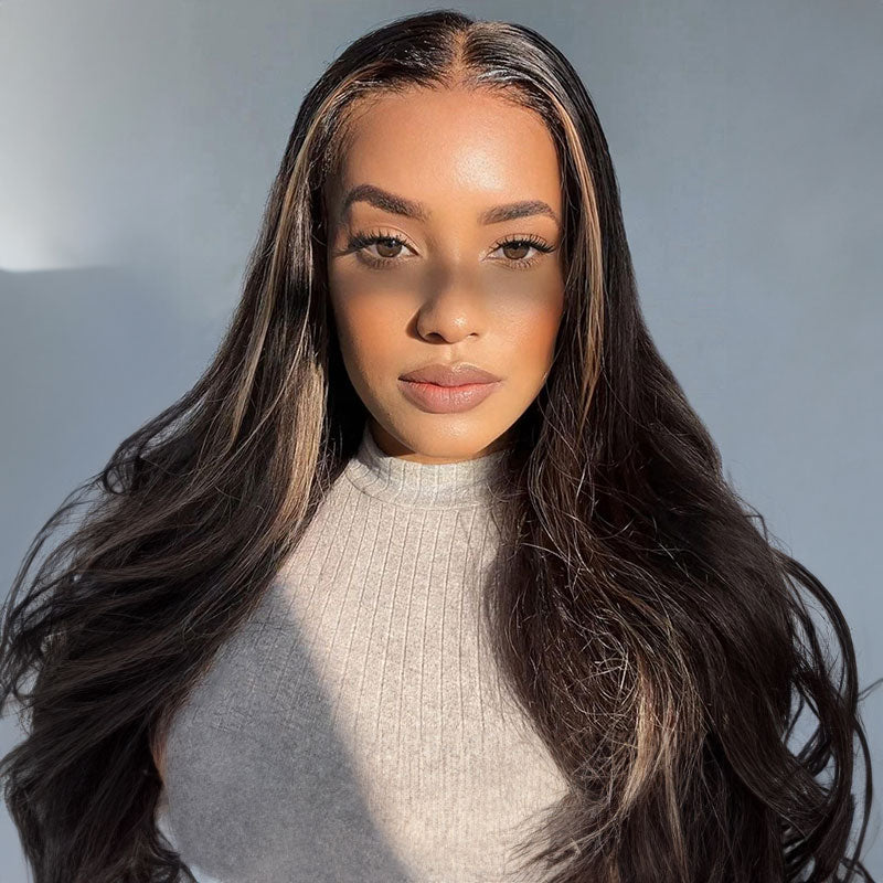 Arabella 13x4 Frontal Lace Auburn Highlights on Black Hair Body Wave Wig Invisible Knots Natural Hairline