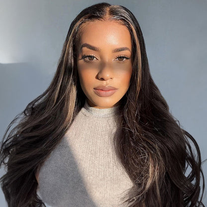 Arabella 13x4 Frontal Lace Auburn Highlights on Black Hair Body Wave Wig Invisible Knots Natural Hairline