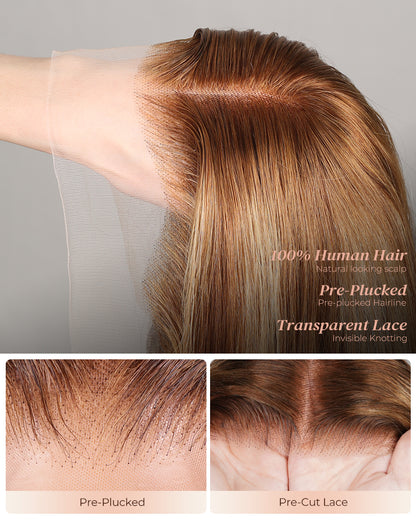 Arabella 13x4/6x5 Lace Honey Blonde Highlights On Brown Wig Body Wave Wig Invisible Knots Realistic Hairline