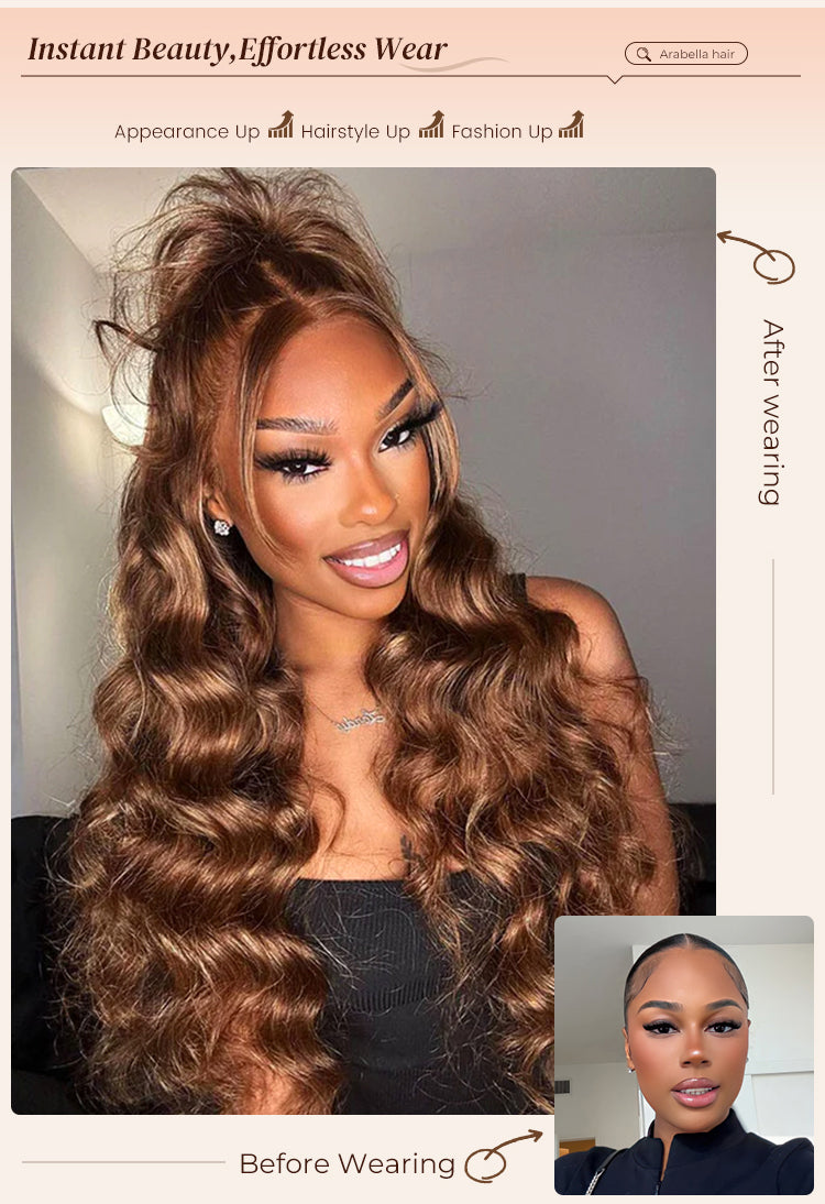 Before and After Wearing Body Wave Wig on Woman