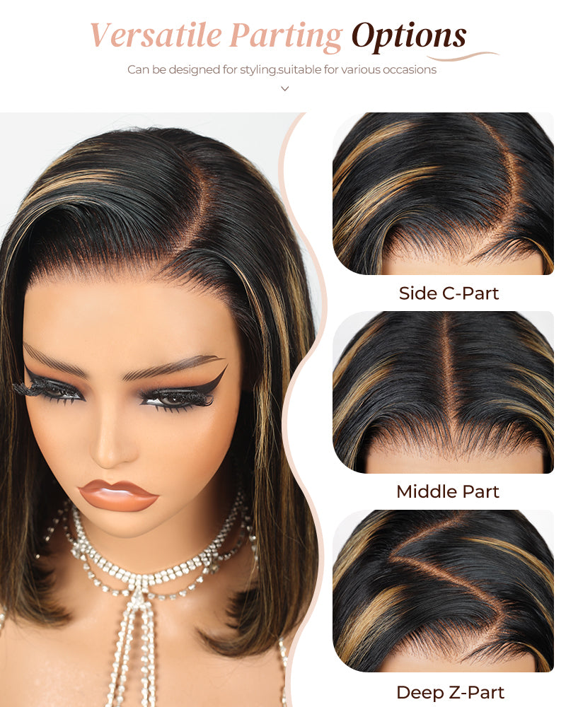 Arabella 6x5 Invisible Knots &amp; 13x4 Frontal Lace Balayage Highlight Straight Bob Colored Wig Pre-cut Lace Beginner Friendly