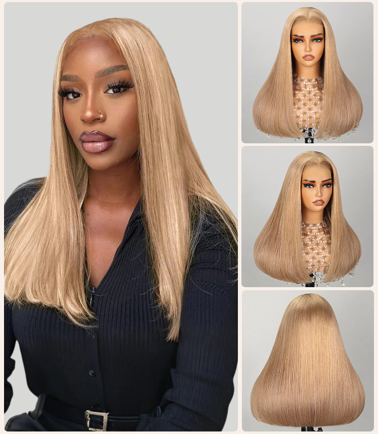 Collage of Ash Honey Blonde Wig on Model and Mannequin