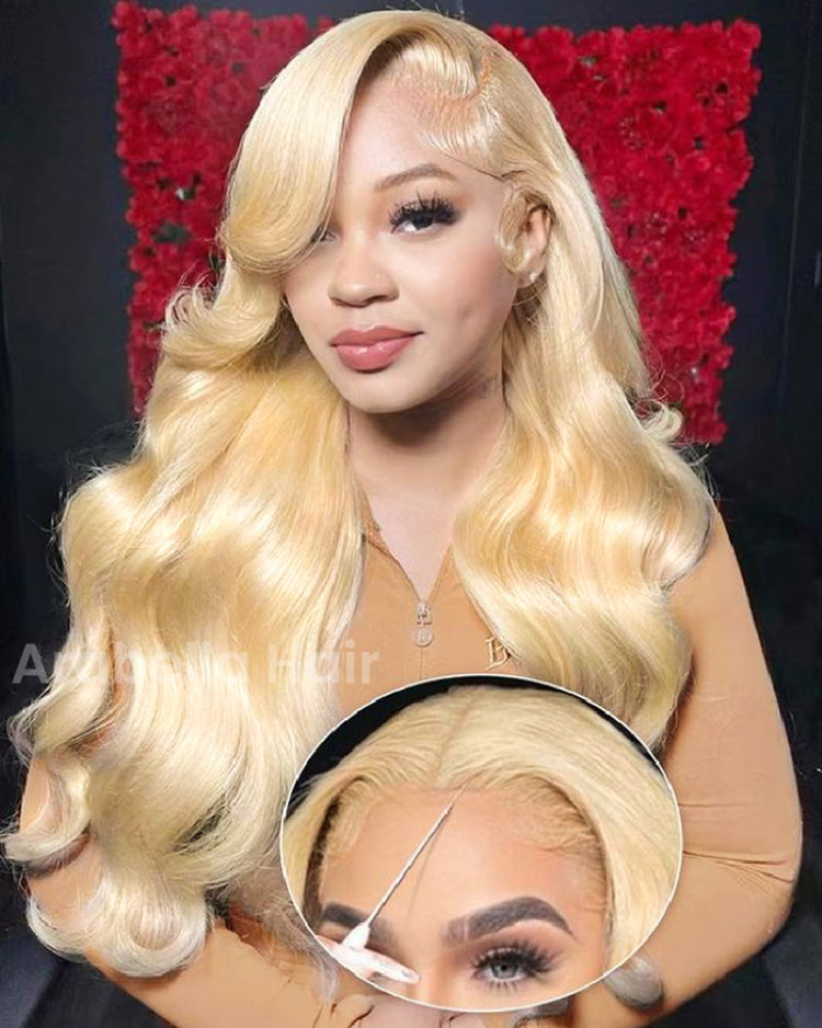 Arabella 13x4 Frontal Lace &amp; 6x5 Invisible Knots Glueless 613 Blonde Body Wave Wig Invisible Knots Realistic Hairline