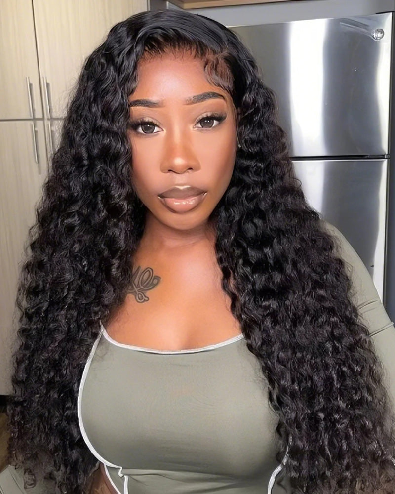 Arabella 6x5 Invisible Knots Glueless &amp; 13x4 Frontal Lace Deep Wave Wig Pre-cut Lace Natural Black Beginner Friendly