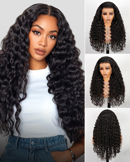 Arabella 6x5 Invisible Knots Glueless &amp; 13x4 Frontal Lace Deep Wave Wig Pre-cut Lace Natural Black Beginner Friendly