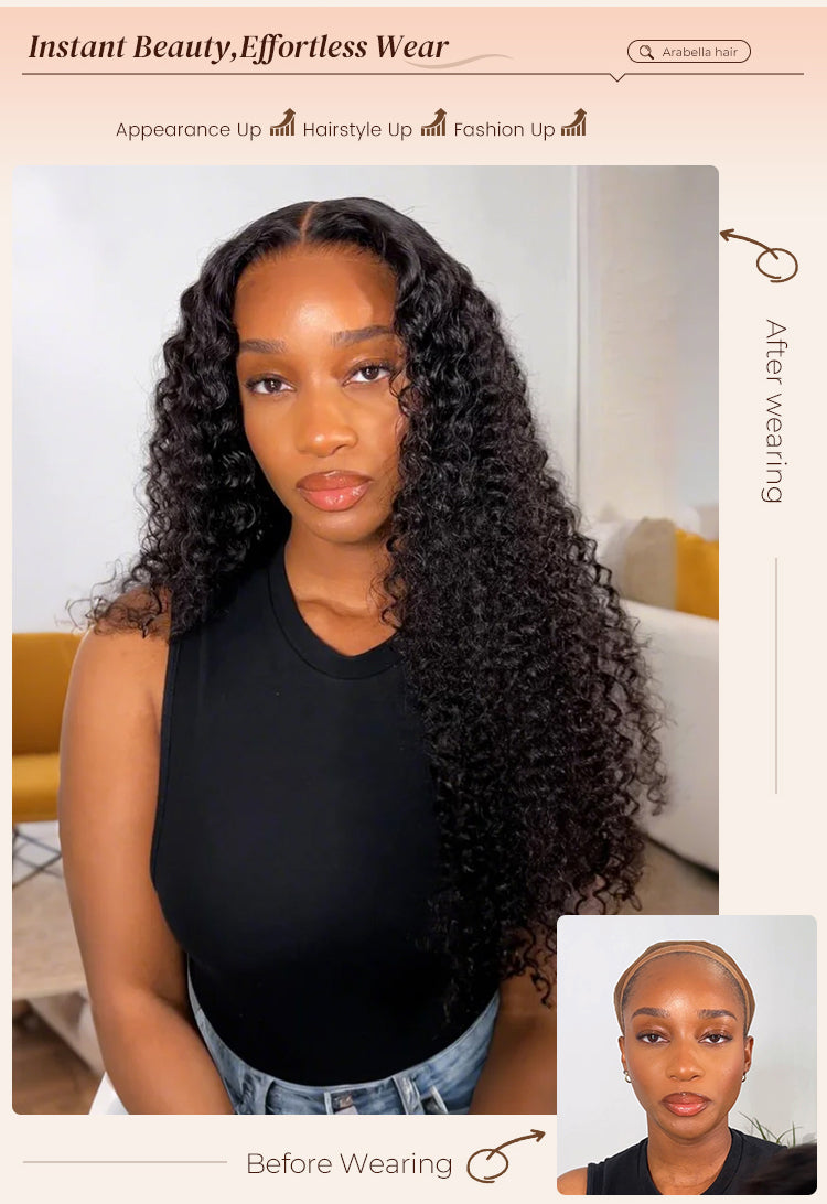 Before and After Wearing Jerry Curly Wig on Woman