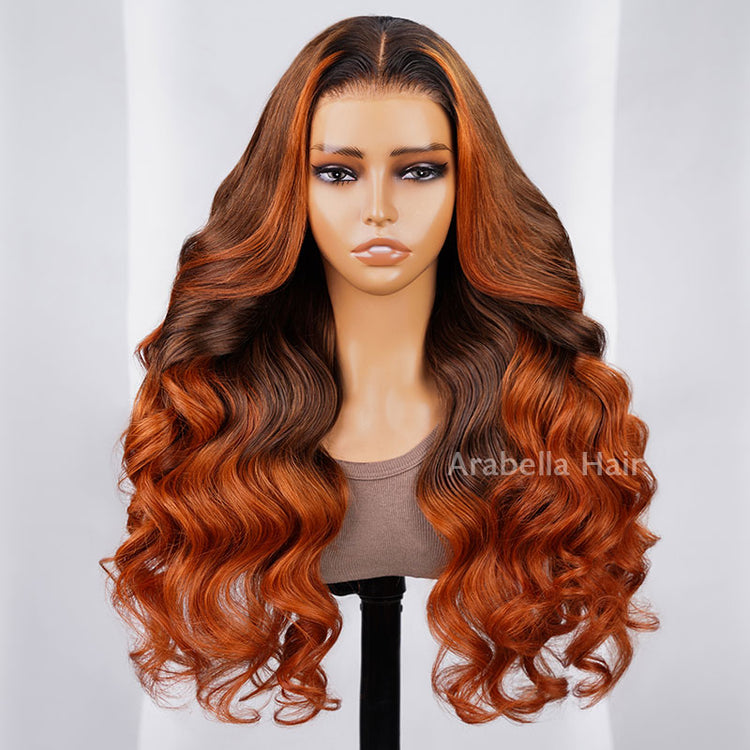 【BOGO】13x4 Lace Body Wave Ombre Brown Color With Ginger Color Bleached Knots Middle Part Human Hair Wigs