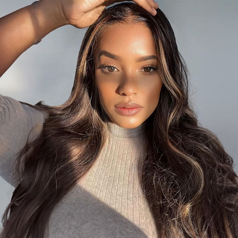 Arabella 6x5 invisible knots Glueless Auburn Highlights on Black Hair Body Wave Wig Invisible Knots Realistic Hairline