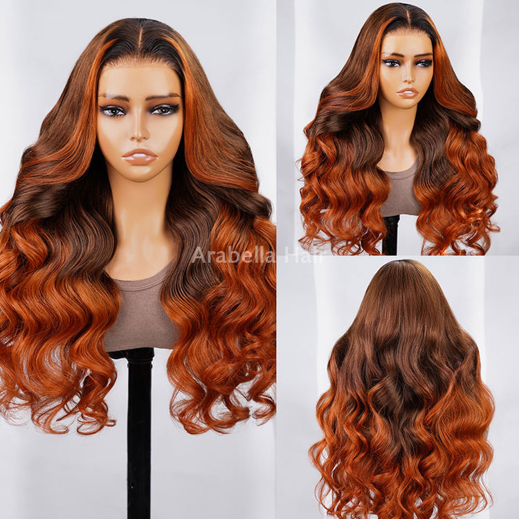 【BOGO】13x4 Lace Body Wave Ombre Brown Color With Ginger Color Bleached Knots Middle Part Human Hair Wigs