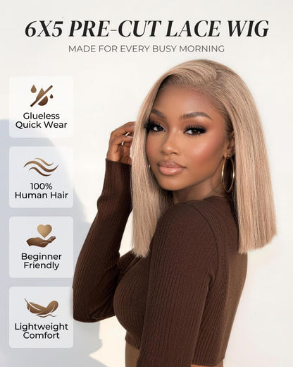 Arabella 6x5 Invisible Knots Glueless Milk Tea Brown Straight Bob Wig Pre-cut Lace Beginner Friendly