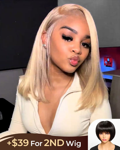 [2ND=$39] Arabella 6x5 Invisible Knots Glueless Blonde Highlight Straight Bob Wig Pre-cut Lace Beginner Friendly