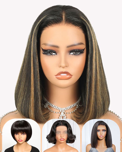 [2ND=$39] Arabella 6x5 Invisible Knots &amp; 13x4 Frontal Lace Balayage Highlight Straight Bob Colored Wig Pre-cut Lace Beginner Friendly