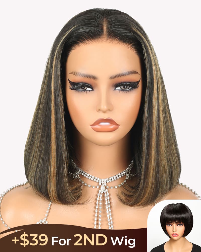 [2ND=$39] Arabella 6x5 Invisible Knots &amp; 13x4 Frontal Lace Balayage Highlight Straight Bob Colored Wig Pre-cut Lace Beginner Friendly