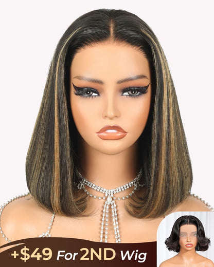 [2ND=$39] Arabella 6x5 Invisible Knots &amp; 13x4 Frontal Lace Balayage Highlight Straight Bob Colored Wig Pre-cut Lace Beginner Friendly