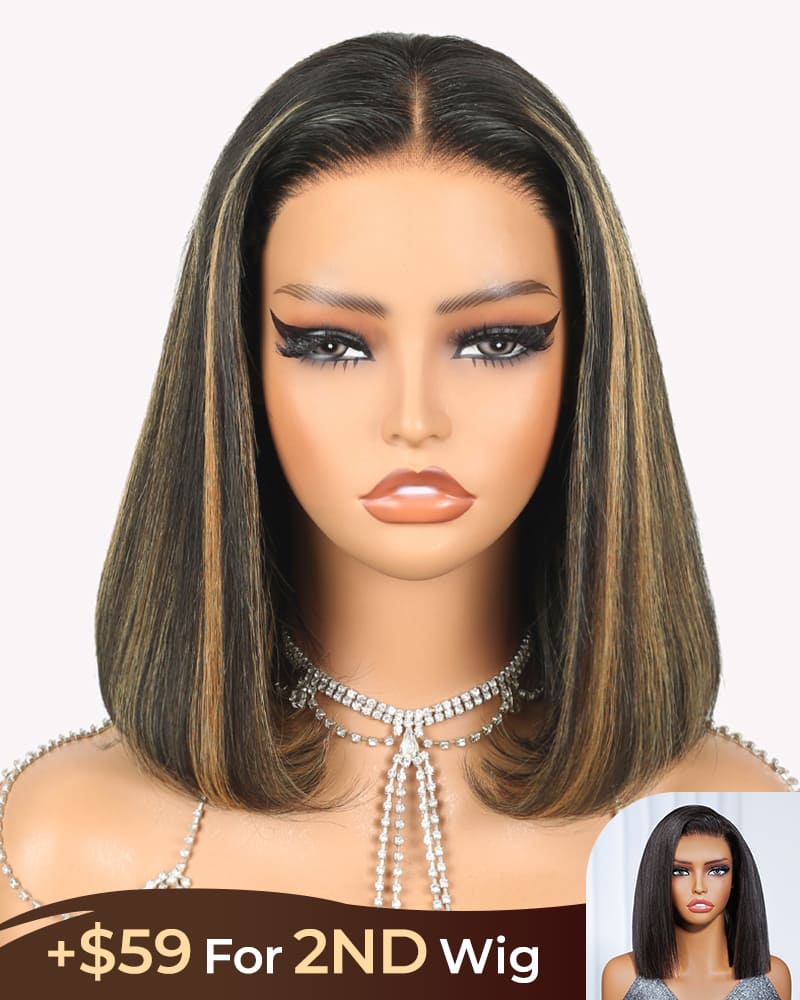 [2ND=$39] Arabella 6x5 Invisible Knots &amp; 13x4 Frontal Lace Balayage Highlight Straight Bob Colored Wig Pre-cut Lace Beginner Friendly