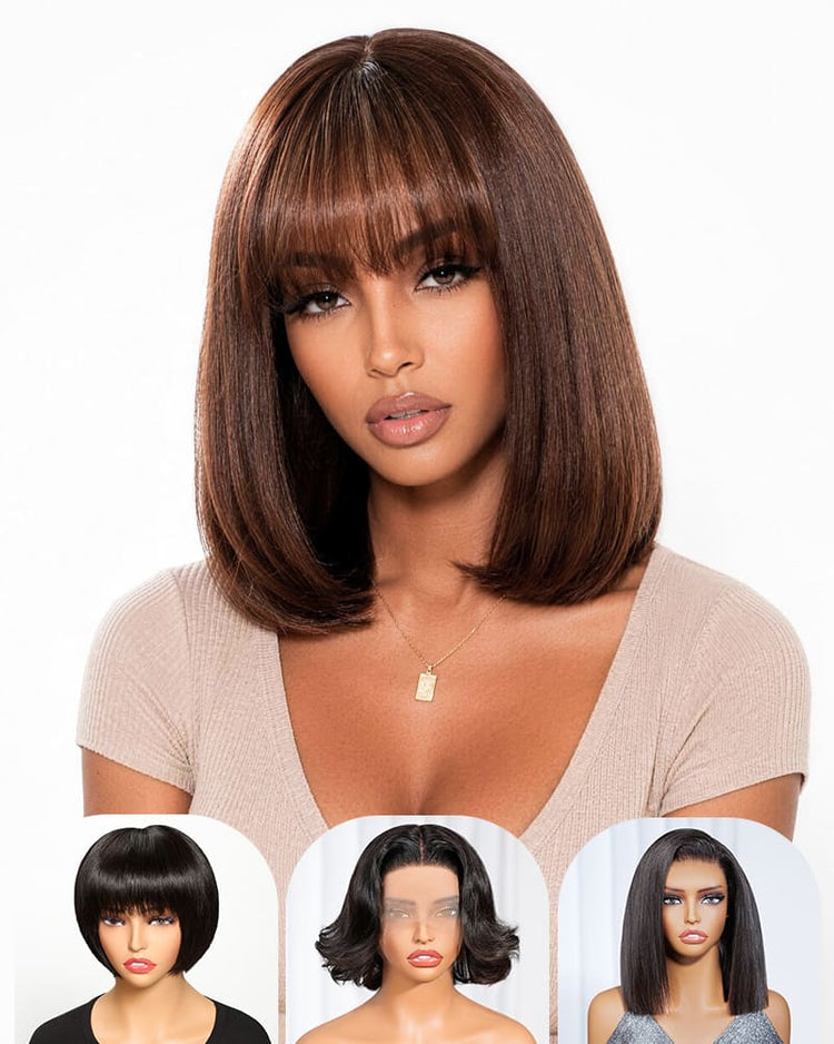 [2ND=$39] Arabella 6x6 Lace T Part Straight Bob Wig With Bangs Chocolate Brown Glueless Beginner Friendly