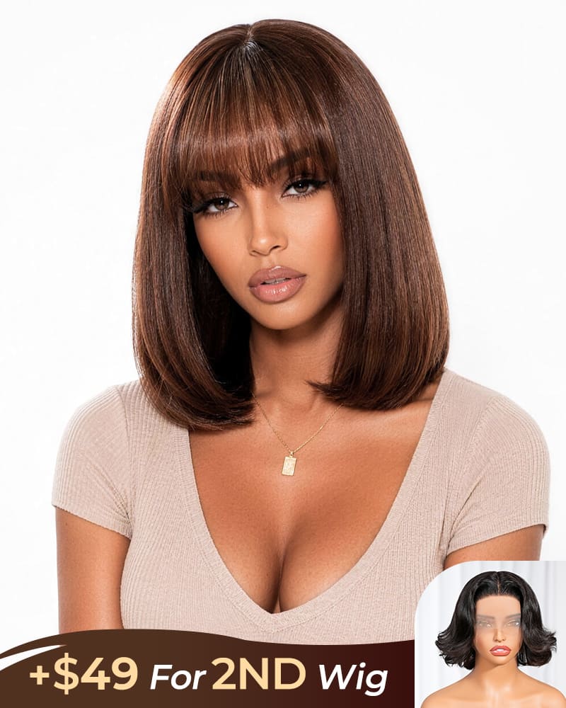 [2ND=$39] Arabella 6x6 Lace T Part Straight Bob Wig With Bangs Chocolate Brown Glueless Beginner Friendly