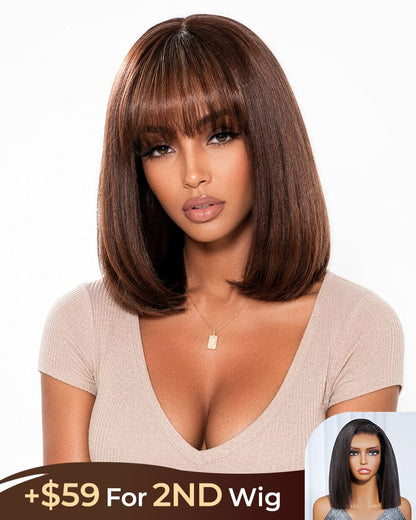 [2ND=$39] Arabella 6x6 Lace T Part Straight Bob Wig With Bangs Chocolate Brown Glueless Beginner Friendly