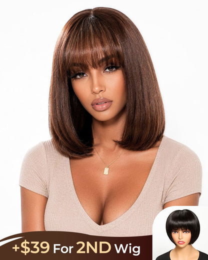 [2ND=$39] Arabella 6x6 Lace T Part Straight Bob Wig With Bangs Chocolate Brown Glueless Beginner Friendly