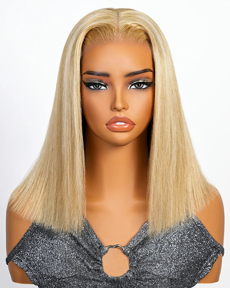 Arabella 6x5 Invisible Knots Glueless Blonde Khaki Highlight Straight Bob Wig Pre-cut Lace Beginner Friendly