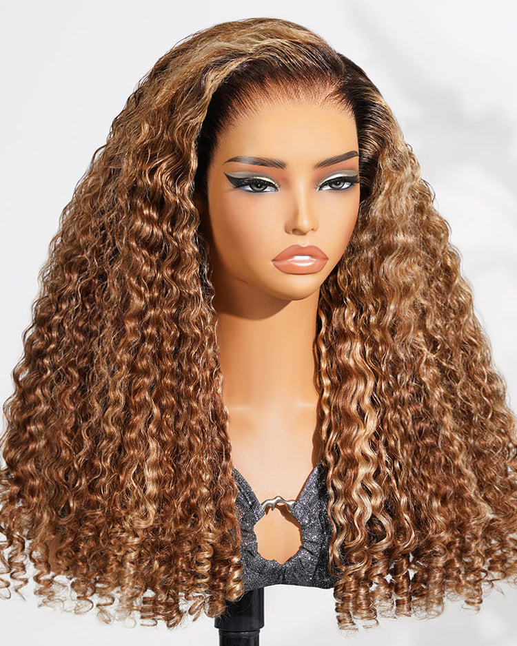 Arabella 13x6 Three-Go™ Ombre Highlight Honey Blonde Glueless Wig Jerry Curly with Burmese Curly With Drawstring 100% Human Hair Wig
