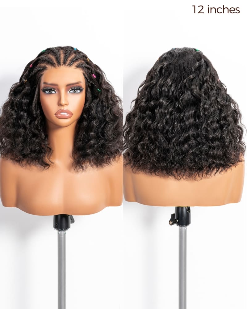 Arabella Boho Cornrow Braids 13x5 Lace Frontal Bohemian Curl Bob Wig With Pre-Cut Lace Invisible Knots Natural Black Virgin Hair Wig