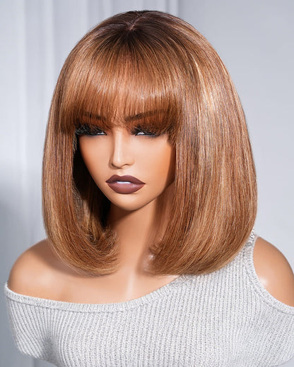 Arabella 6x6 Lace Straight Bob Wig Ombre Highlight Honey Blonde with Bangs Glueless Beginner Friendly
