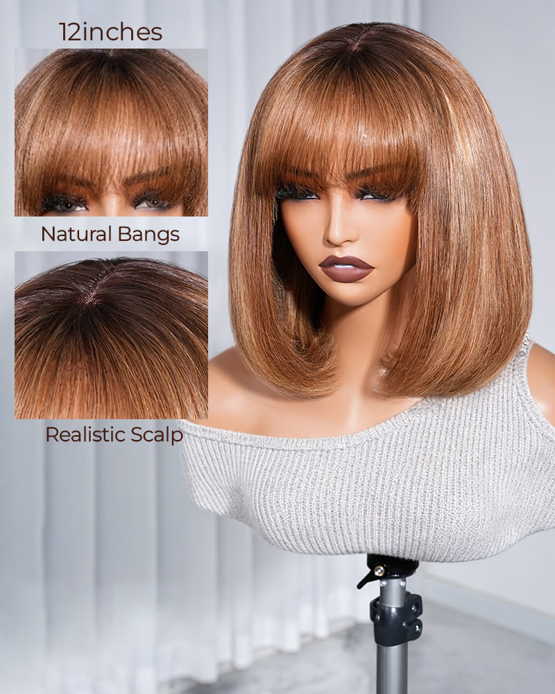 Arabella 6x6 Lace Straight Bob Wig Ombre Highlight Honey Blonde with Bangs Glueless Beginner Friendly