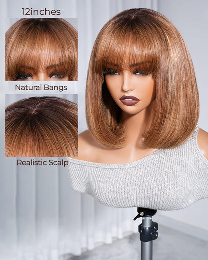 Arabella 6x6 Lace Straight Bob Wig Ombre Highlight Honey Blonde with Bangs Glueless Beginner Friendly