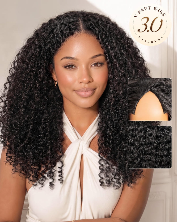 Arabella V-Part Natural Black Jerry Curly with Burmese Curly Wig+ Crochet Hair Invisi Drawstring Upgrade Clip