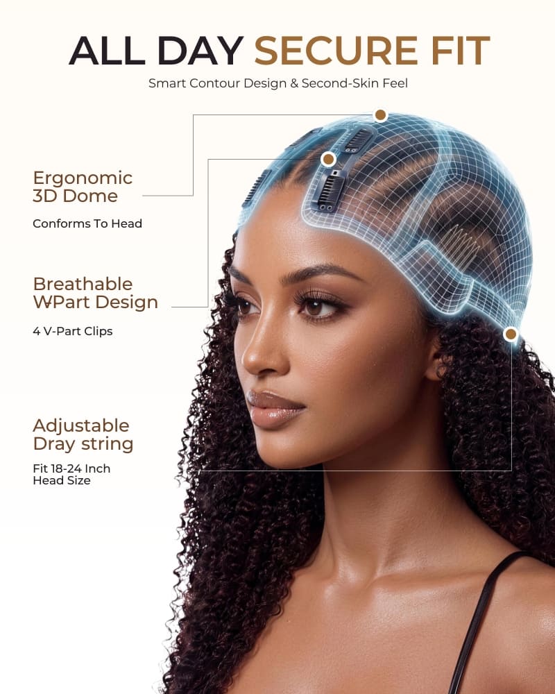 Arabella V-Part Natural Black Jerry Curly with Burmese Curly Wig+ Crochet Hair Invisi Drawstring Upgrade Clip