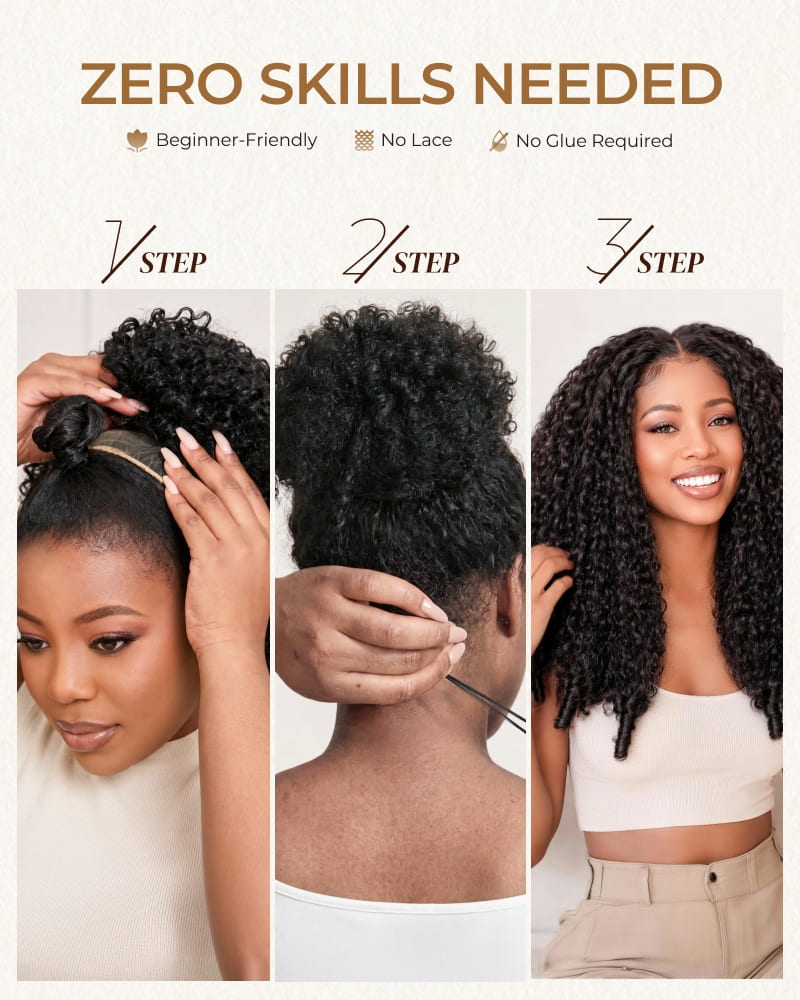 Arabella V-Part Natural Black Jerry Curly with Burmese Curly Wig+ Crochet Hair Invisi Drawstring Upgrade Clip