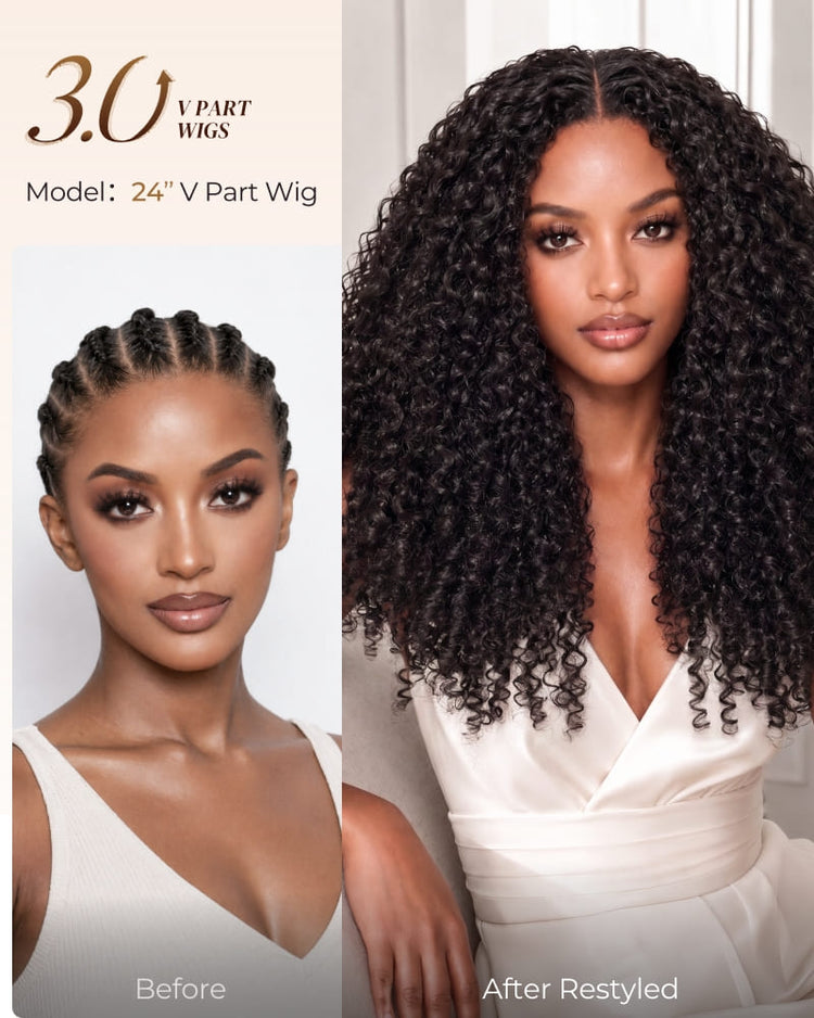 Arabella V-Part Natural Black Jerry Curly with Burmese Curly Wig+ Crochet Hair Invisi Drawstring Upgrade Clip