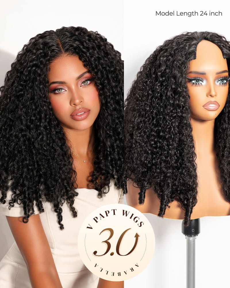 Arabella V-Part Natural Black Jerry Curly with Burmese Curly Wig+ Crochet Hair Invisi Drawstring Upgrade Clip