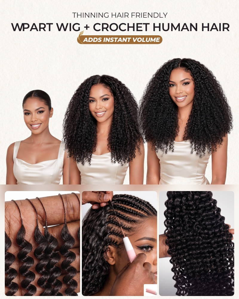 Arabella V-Part Natural Black Jerry Curly with Burmese Curly Wig+ Crochet Hair Invisi Drawstring Upgrade Clip