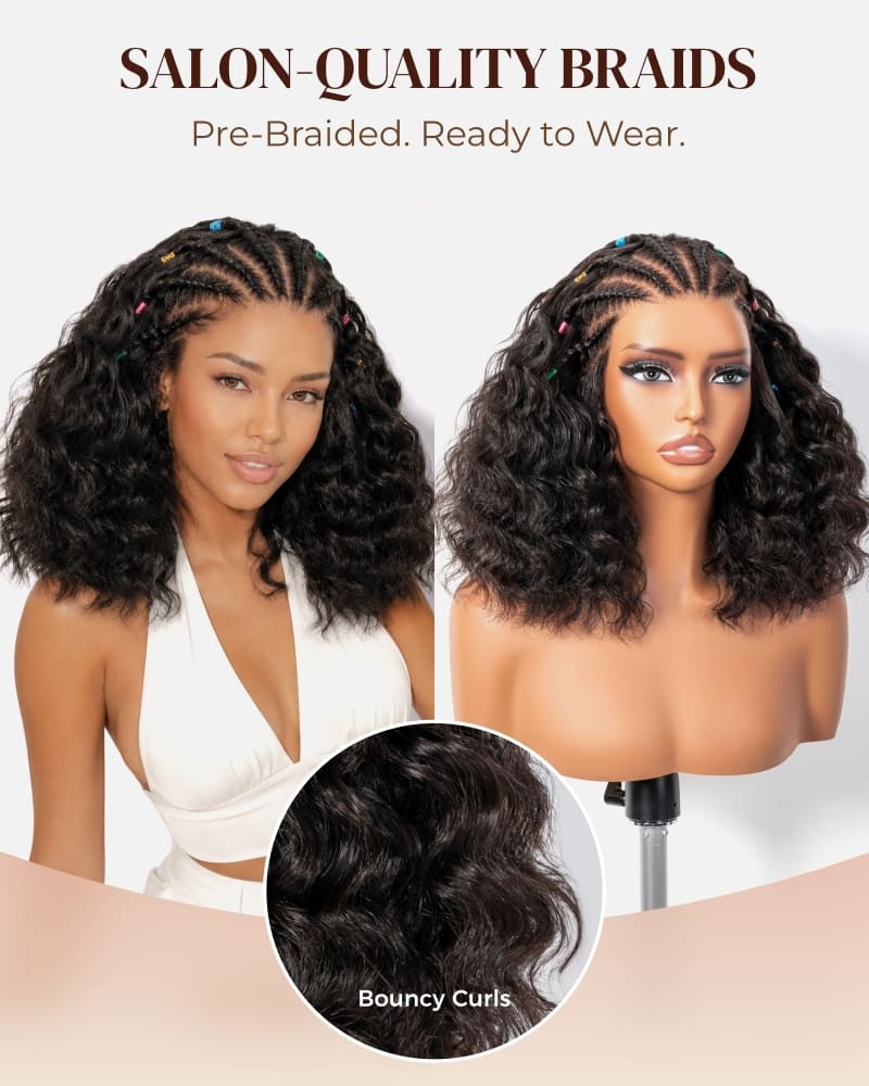 Arabella Boho Cornrow Braids 13x5 Lace Frontal Bohemian Curl Bob Wig With Pre-Cut Lace Invisible Knots Natural Black Virgin Hair Wig
