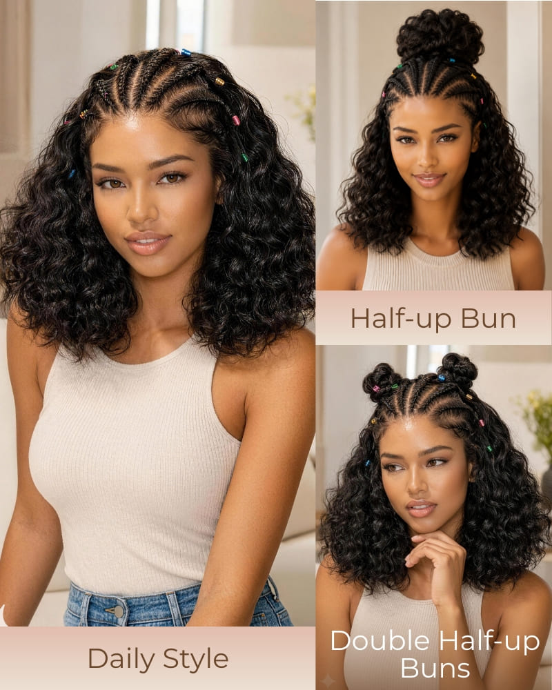 Arabella Boho Cornrow Braids 13x5 Lace Frontal Bohemian Curl Bob Wig With Pre-Cut Lace Invisible Knots Natural Black Virgin Hair Wig