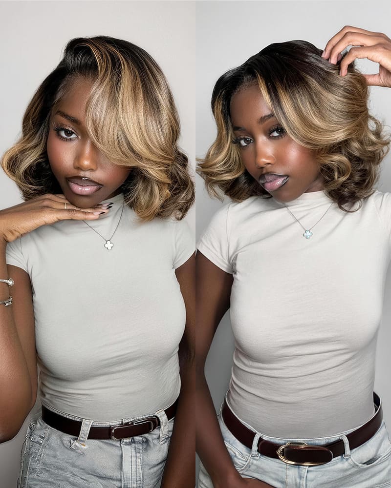 Arabella 13x6 Three-Go™ 280% High Density Glueless Old Money Bob Loose Body Wave Bob Wig Pre-cut Lace Ombre Platinum Blonde Balayage Highlights