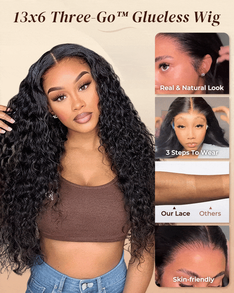 Arabella 13x6 Three-Go™ Glueless Wig Water Wave With Drawstring Natural Black 100% Human Hair Wig
