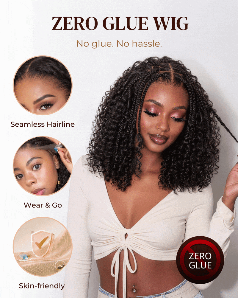 Arabella Zerowear™ Knotless Box Braids 14 Inches 13x6 HD Lace Frontal Boho Deep Curly Glueless Bob Wig With Drawstring Natural Black 100% Human Hair